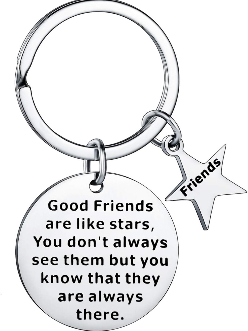 Unlisted Silver Tone "Friends" Star & Round Quote Key Ring